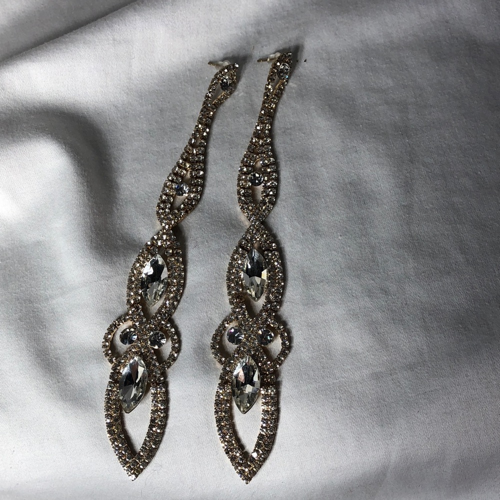 Glamorous Rhinestone 6” Drop Earrings - Silver Tone - Picture 3 of 3